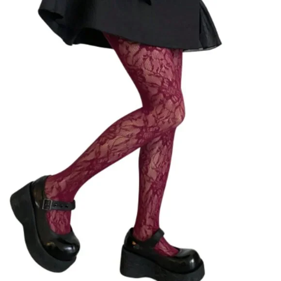 Burgundy Seamless Floral Fishnet Tights - Picture 3 of 5